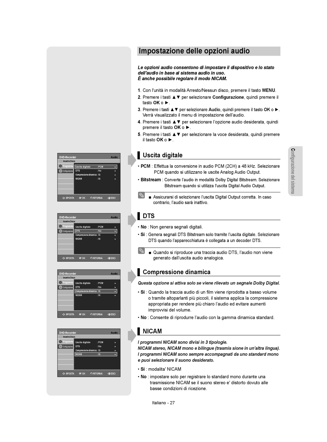 Samsung DVD-VR355/XET, DVD-VR350/XET manual Impostazione delle opzioni audio, Uscita digitale, Compressione dinamica 