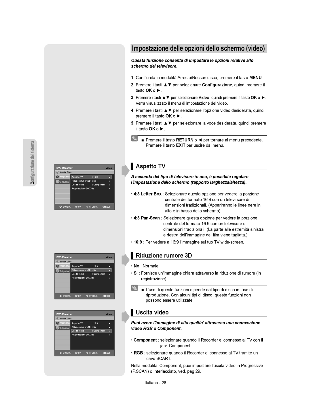 Samsung DVD-VR350/XET, DVD-VR355/XET manual Aspetto TV, Riduzione rumore 3D, Uscita video 