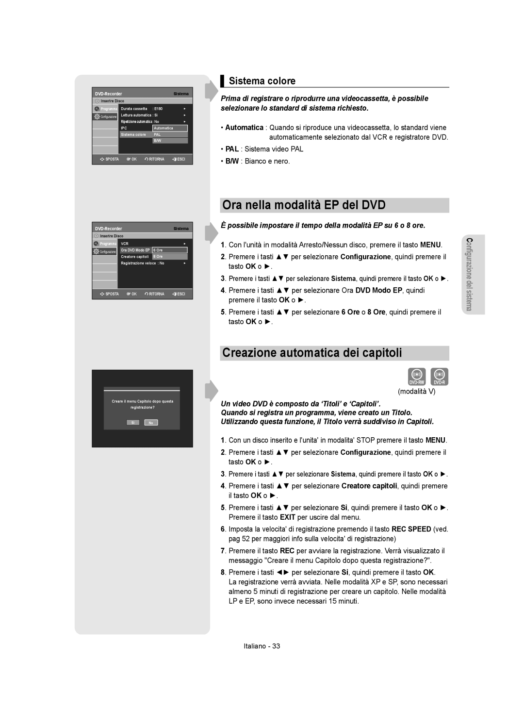 Samsung DVD-VR355/XET manual Ora nella modalità EP del DVD, Creazione automatica dei capitoli, Sistema colore, Modalità 