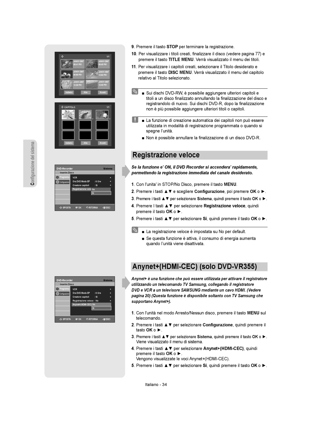 Samsung DVD-VR350/XET, DVD-VR355/XET manual Registrazione veloce, Anynet+HDMI-CEC solo DVD-VR355 