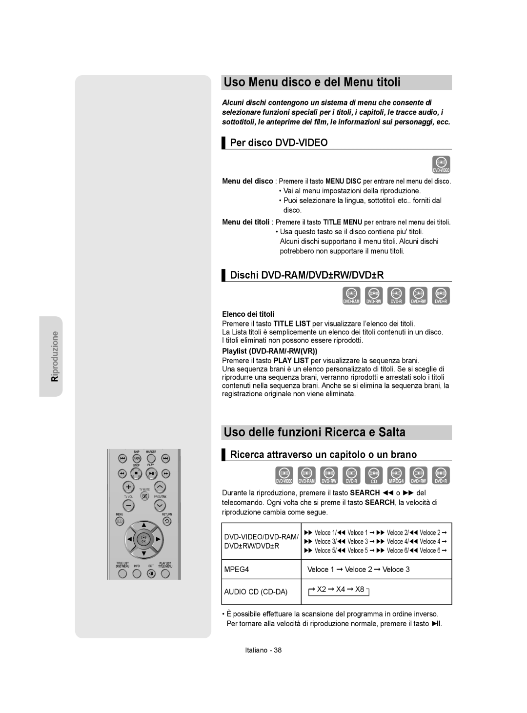 Samsung DVD-VR350/XET manual Uso Menu disco e del Menu titoli, Uso delle funzioni Ricerca e Salta, Per disco DVD-VIDEO 