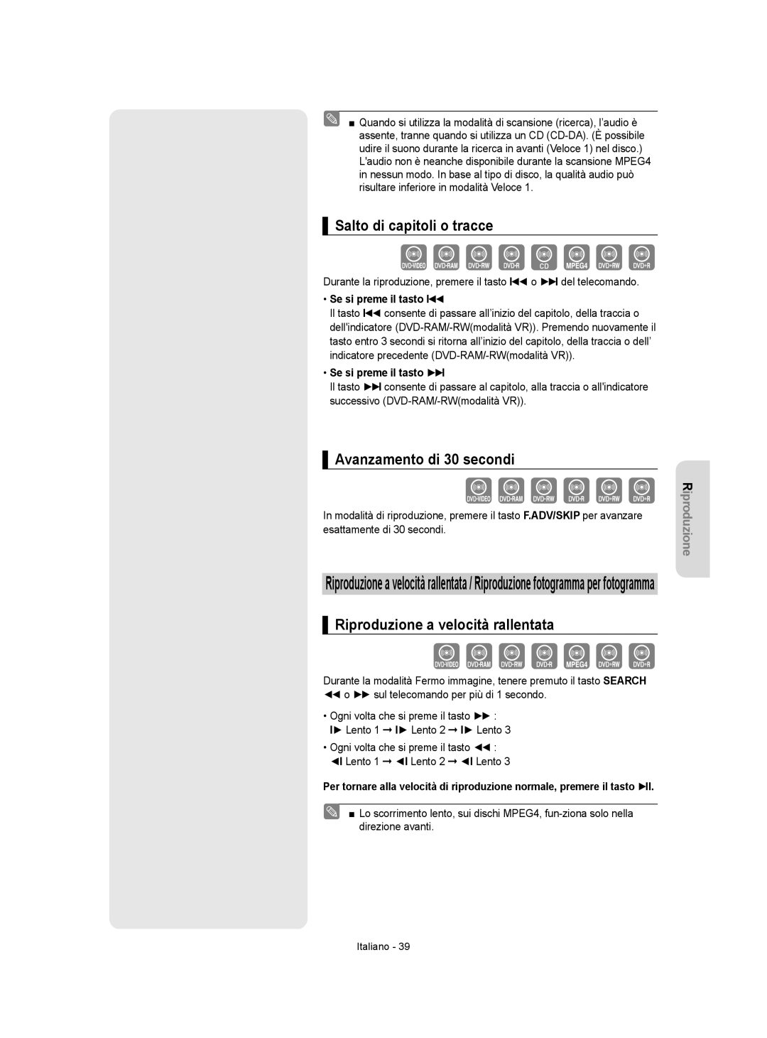 Samsung DVD-VR355/XET manual Salto di capitoli o tracce, Avanzamento di 30 secondi, Riproduzione a velocità rallentata 