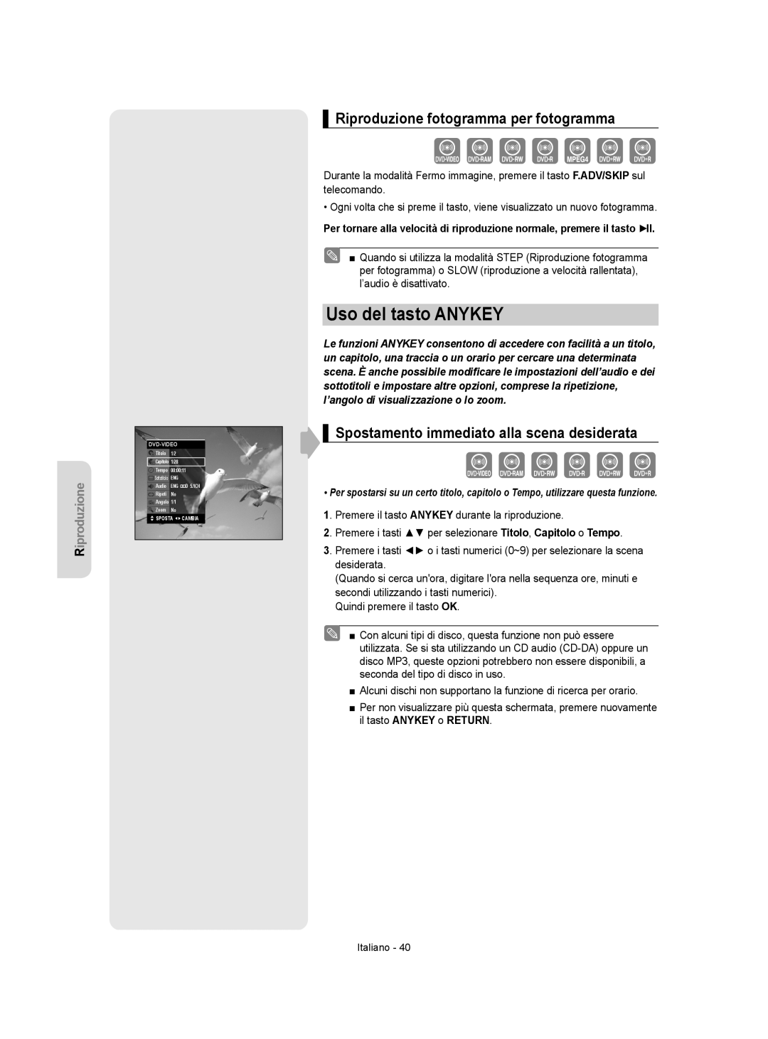 Samsung DVD-VR350/XET, DVD-VR355/XET manual Uso del tasto Anykey, Riproduzione fotogramma per fotogramma 