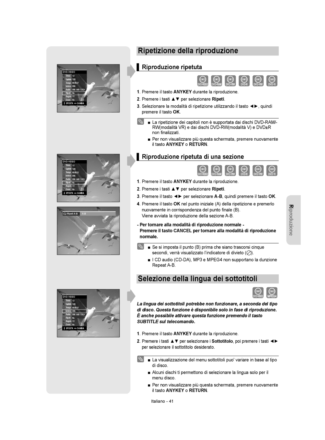 Samsung DVD-VR355/XET manual Ripetizione della riproduzione, Selezione della lingua dei sottotitoli, Riproduzione ripetuta 