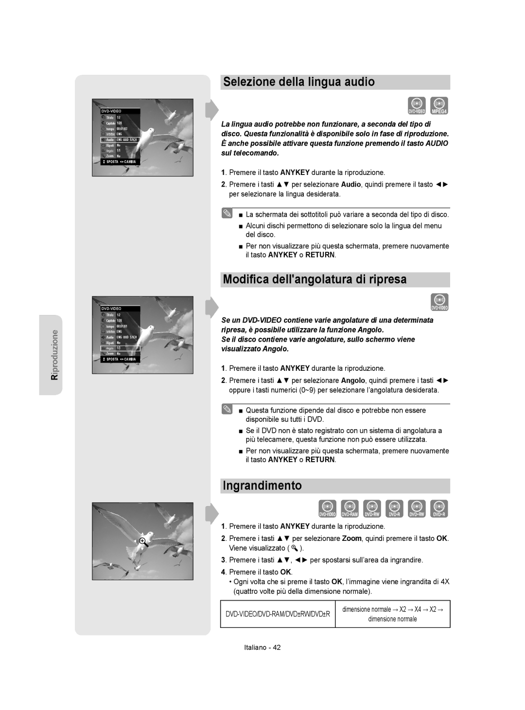 Samsung DVD-VR350/XET, DVD-VR355/XET manual Selezione della lingua audio, Modiﬁca dellangolatura di ripresa, Ingrandimento 