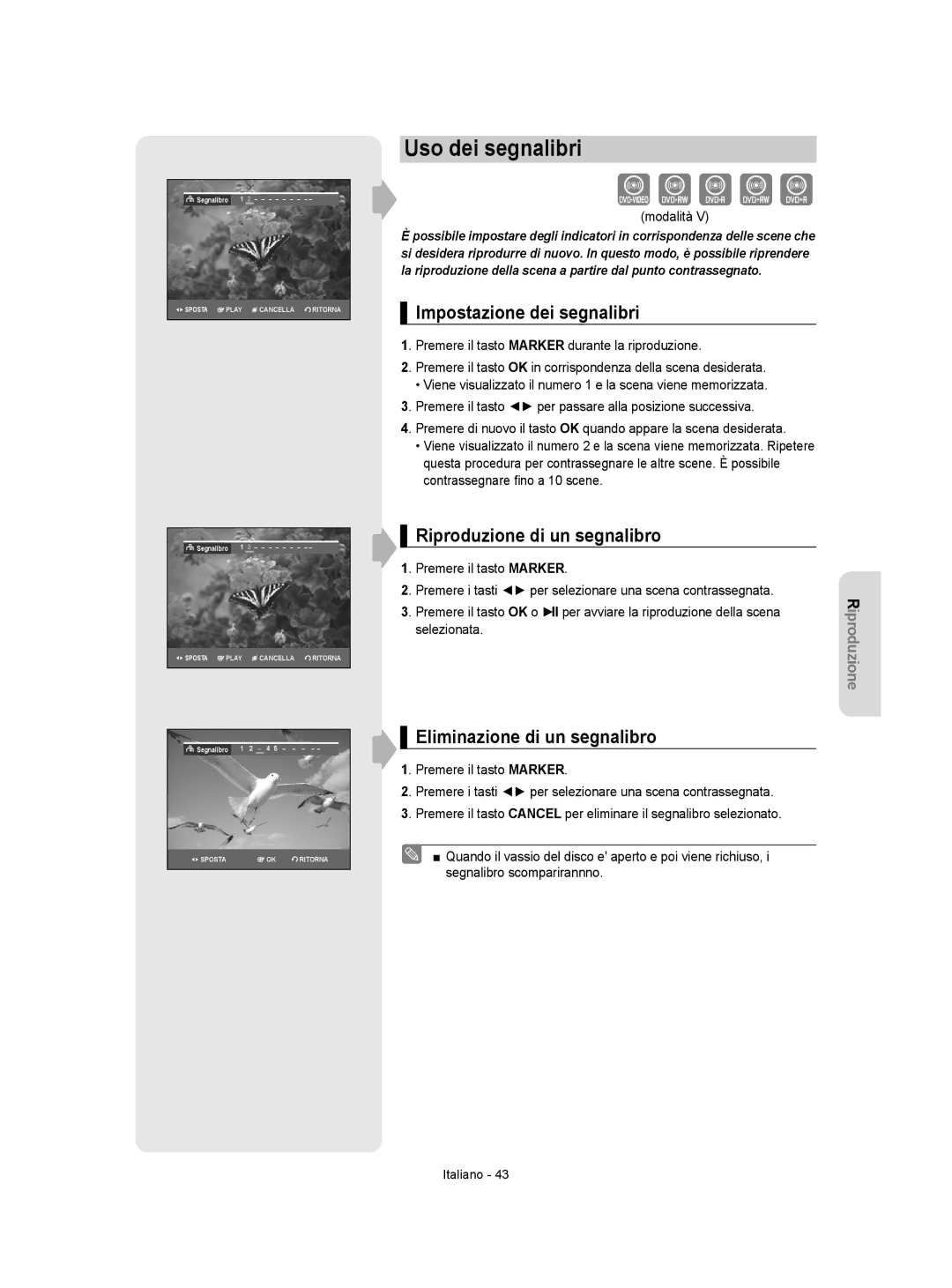 Samsung DVD-VR355/XET, DVD-VR350/XET manual Uso dei segnalibri, Impostazione dei segnalibri, Riproduzione di un segnalibro 