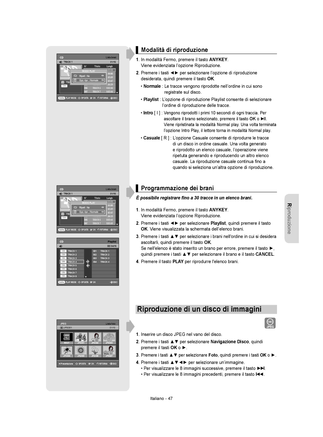 Samsung DVD-VR355/XET manual Riproduzione di un disco di immagini, Modalità di riproduzione, Programmazione dei brani 