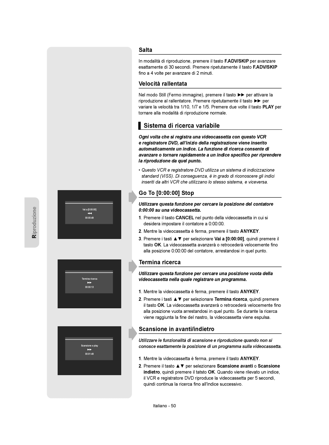 Samsung DVD-VR350/XET, DVD-VR355/XET manual Sistema di ricerca variabile 