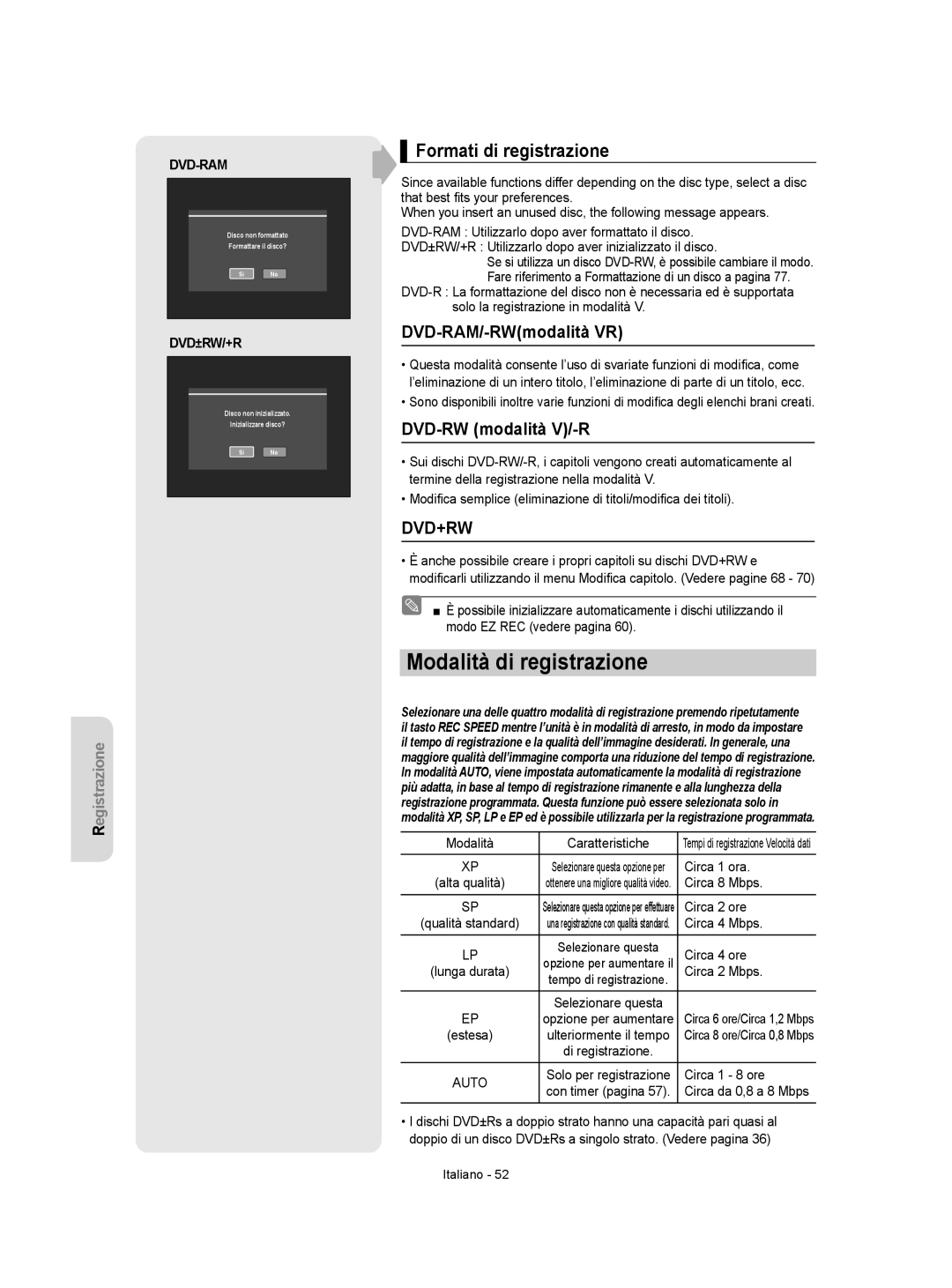 Samsung DVD-VR350/XET Modalità di registrazione, Formati di registrazione, DVD-RAM/-RWmodalità VR, DVD-RW modalità V/-R 