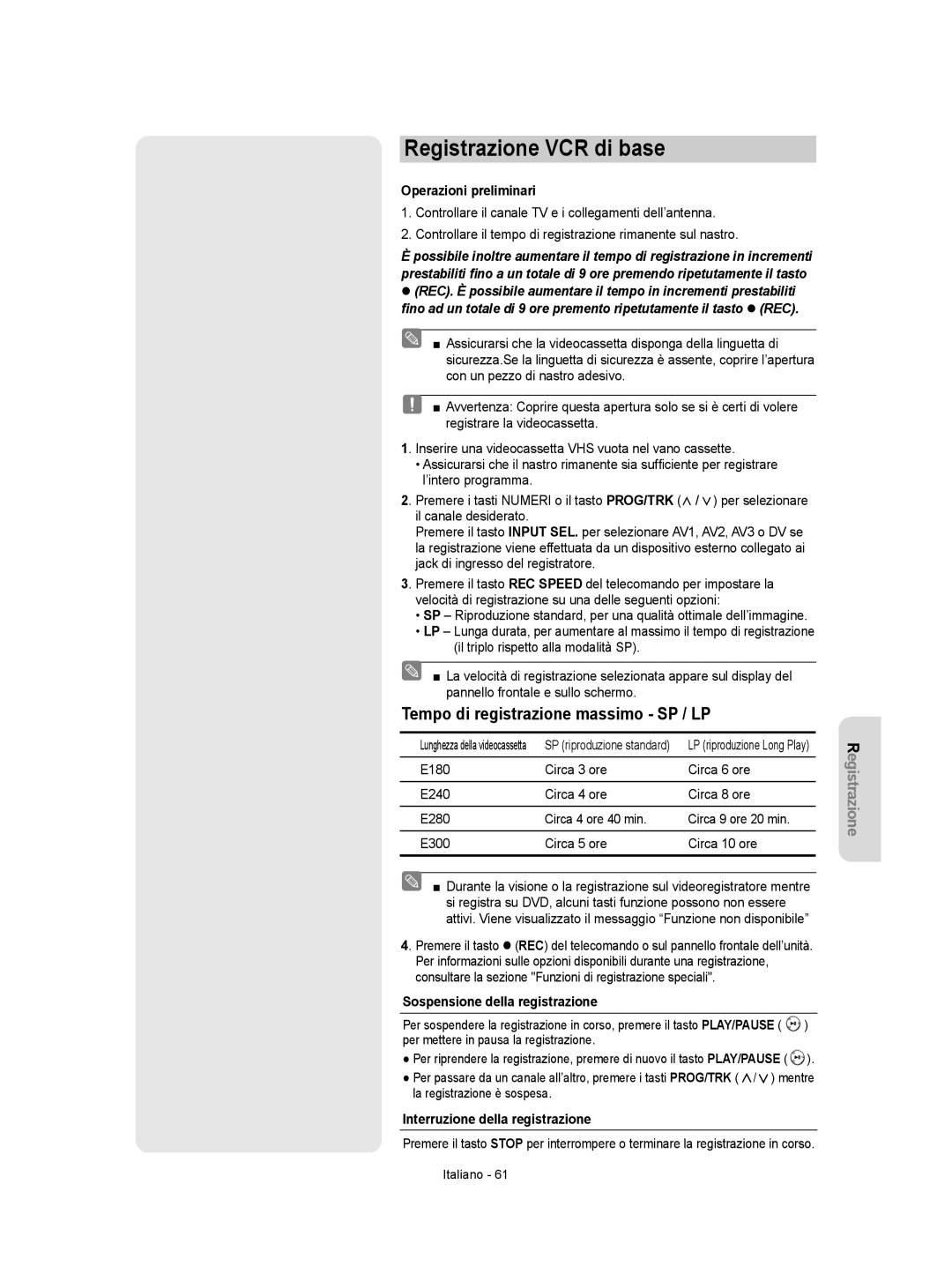 Samsung DVD-VR355/XET manual Registrazione VCR di base, Tempo di registrazione massimo SP / LP, Operazioni preliminari 