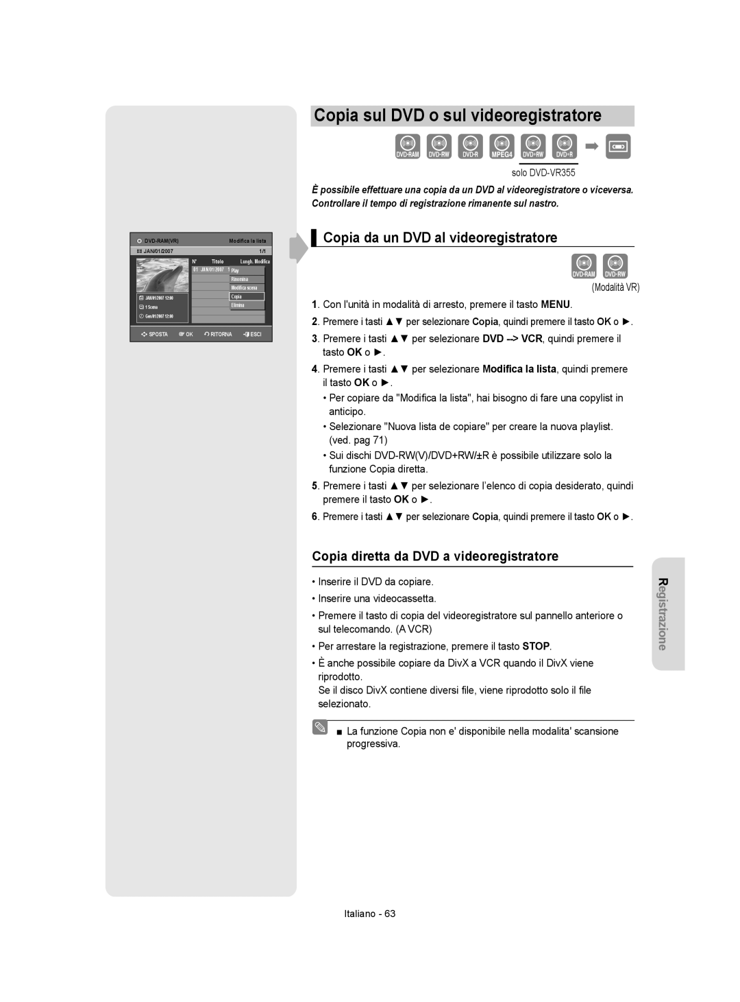 Samsung DVD-VR355/XET, DVD-VR350/XET manual Copia sul DVD o sul videoregistratore, Copia da un DVD al videoregistratore 