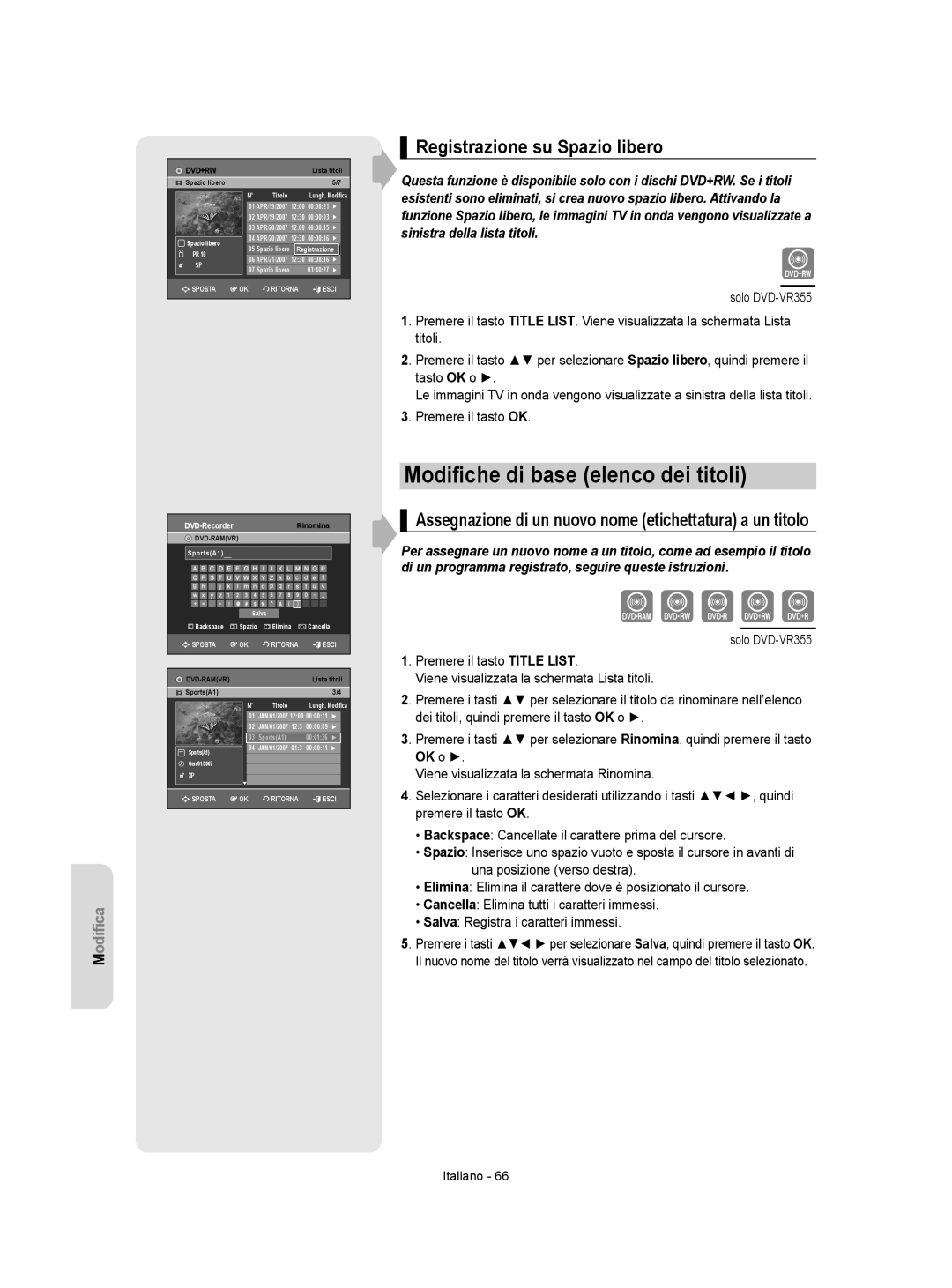 Samsung DVD-VR350/XET, DVD-VR355/XET manual Modiﬁche di base elenco dei titoli, Registrazione su Spazio libero 