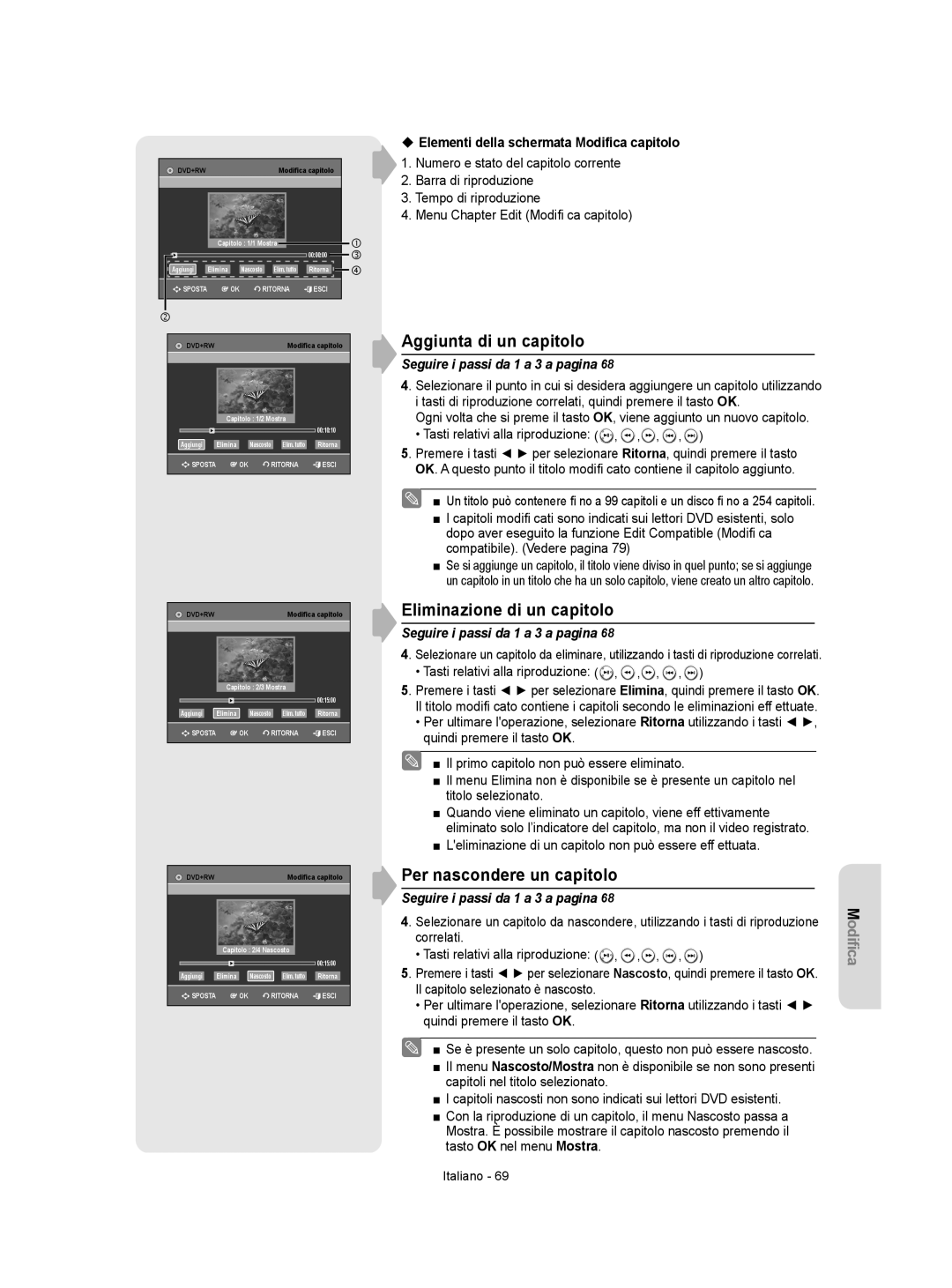 Samsung DVD-VR355/XET, DVD-VR350/XET manual Aggiunta di un capitolo, Eliminazione di un capitolo, Per nascondere un capitolo 