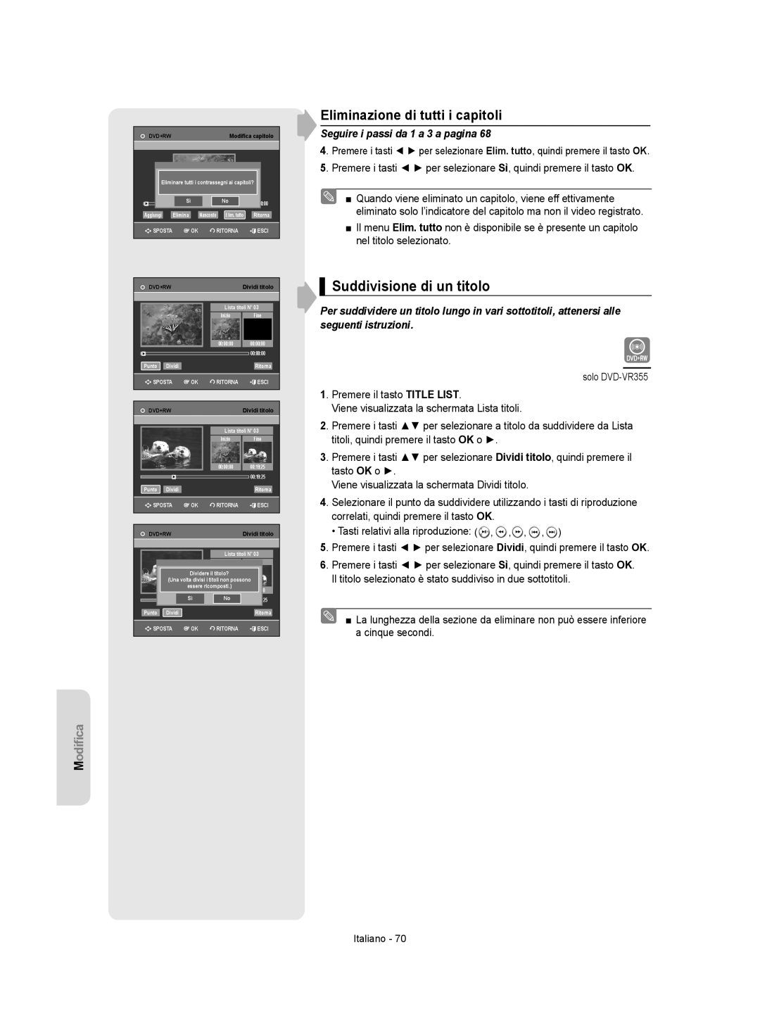 Samsung DVD-VR350/XET, DVD-VR355/XET manual Suddivisione di un titolo, Eliminazione di tutti i capitoli 