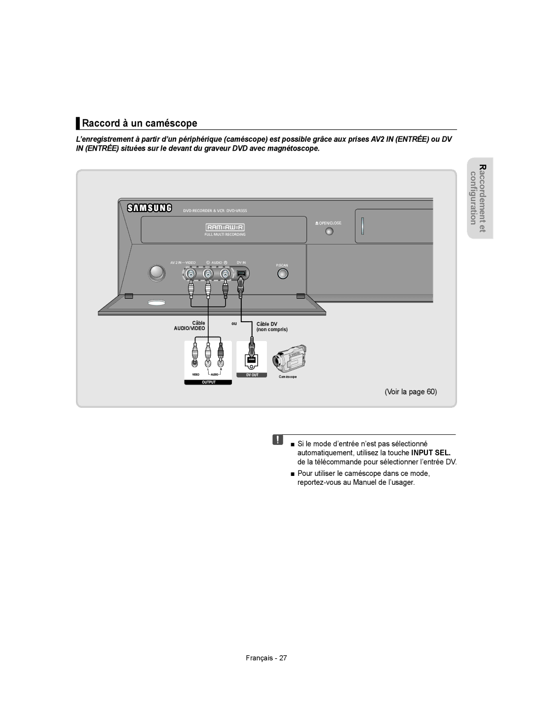 Samsung DVD-VR355 instruction manual Raccord à un caméscope 