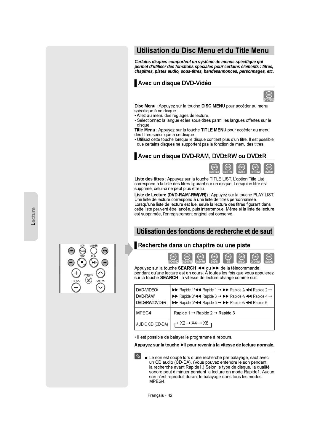 Samsung DVD-VR355 instruction manual Utilisation du Disc Menu et du Title Menu, Avec un disque DVD-Vidéo 