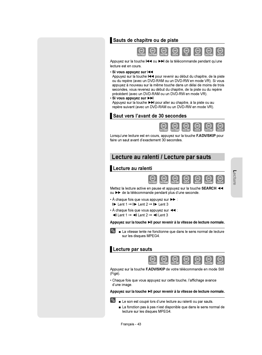 Samsung DVD-VR355 Lecture au ralenti / Lecture par sauts, Sauts de chapitre ou de piste, Saut vers l’avant de 30 secondes 