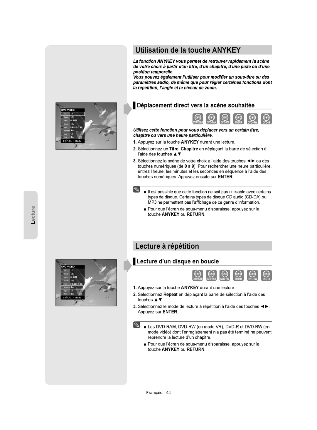 Samsung DVD-VR355 Utilisation de la touche Anykey, Lecture à répétition, Déplacement direct vers la scène souhaitée 