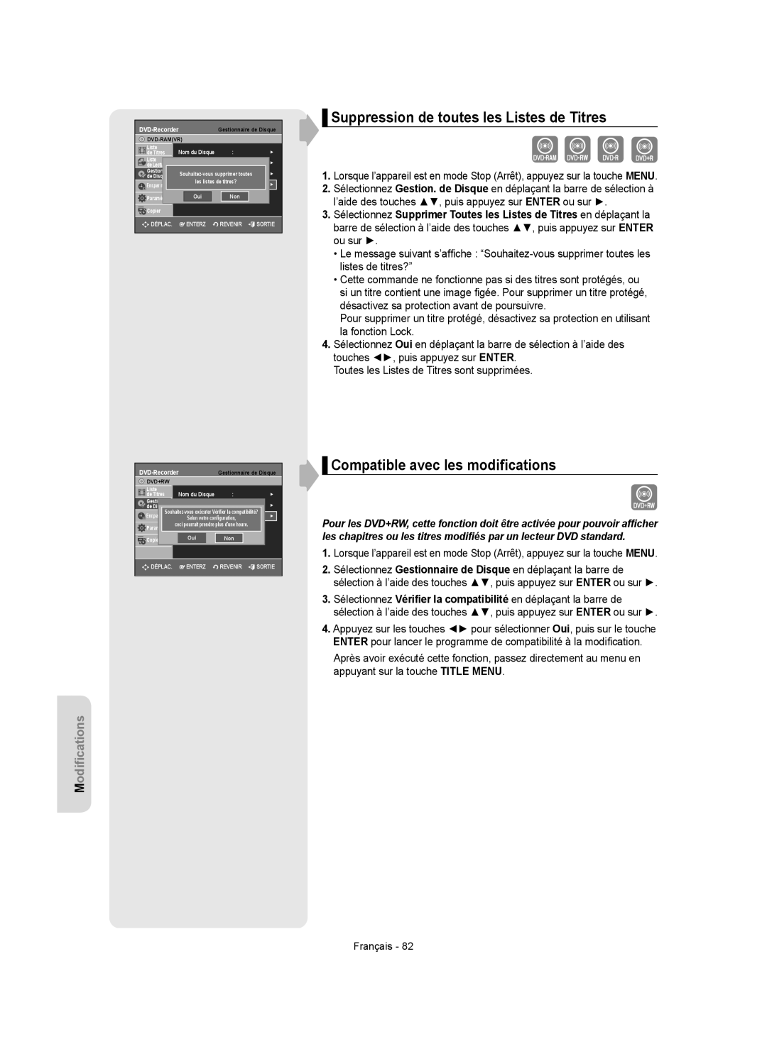 Samsung DVD-VR355 instruction manual Suppression de toutes les Listes de Titres, Compatible avec les modiﬁcations 