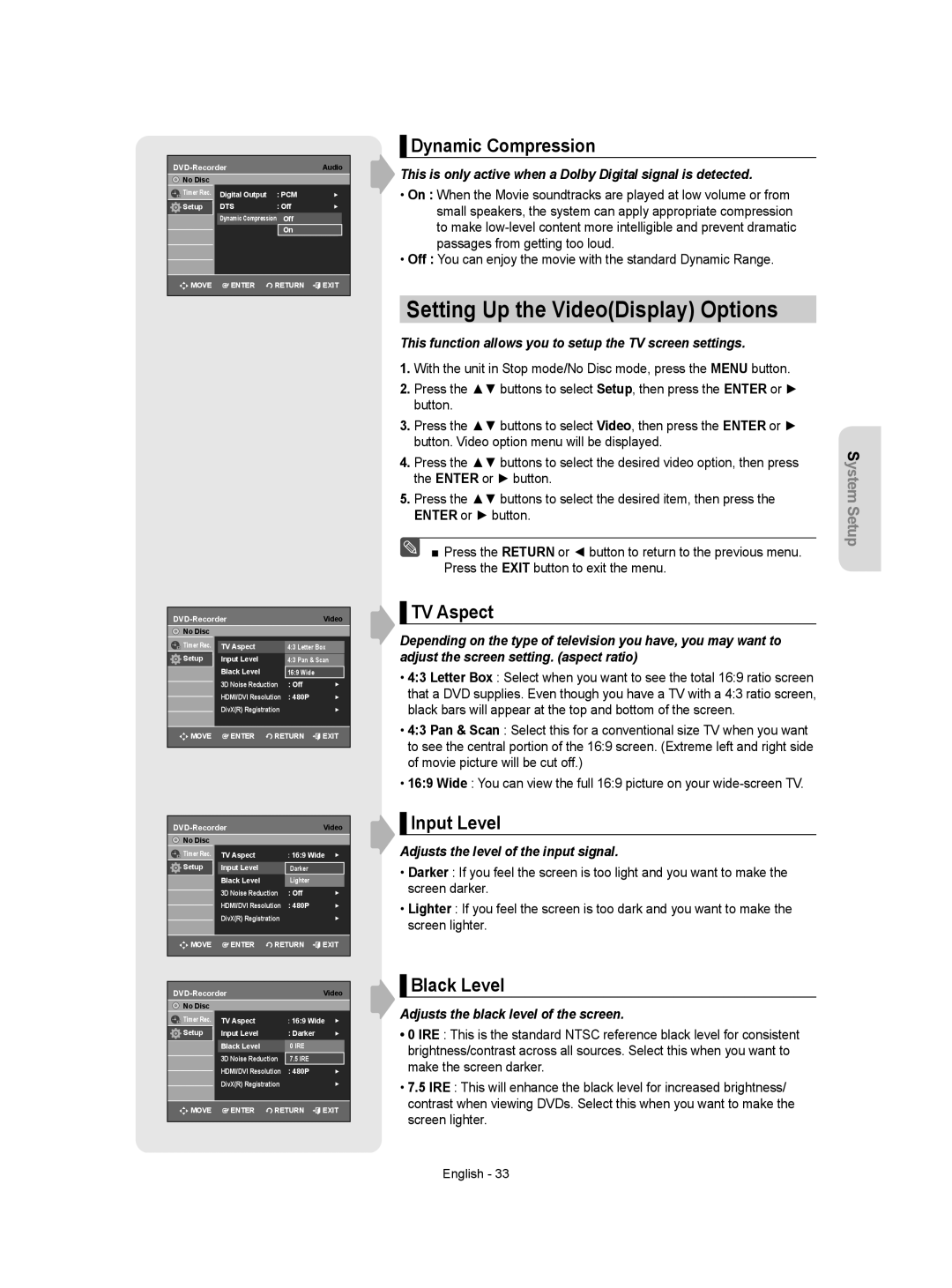 Samsung DVD-VR355 Setting Up the VideoDisplay Options, Dynamic Compression, TV Aspect, Input Level, Black Level 