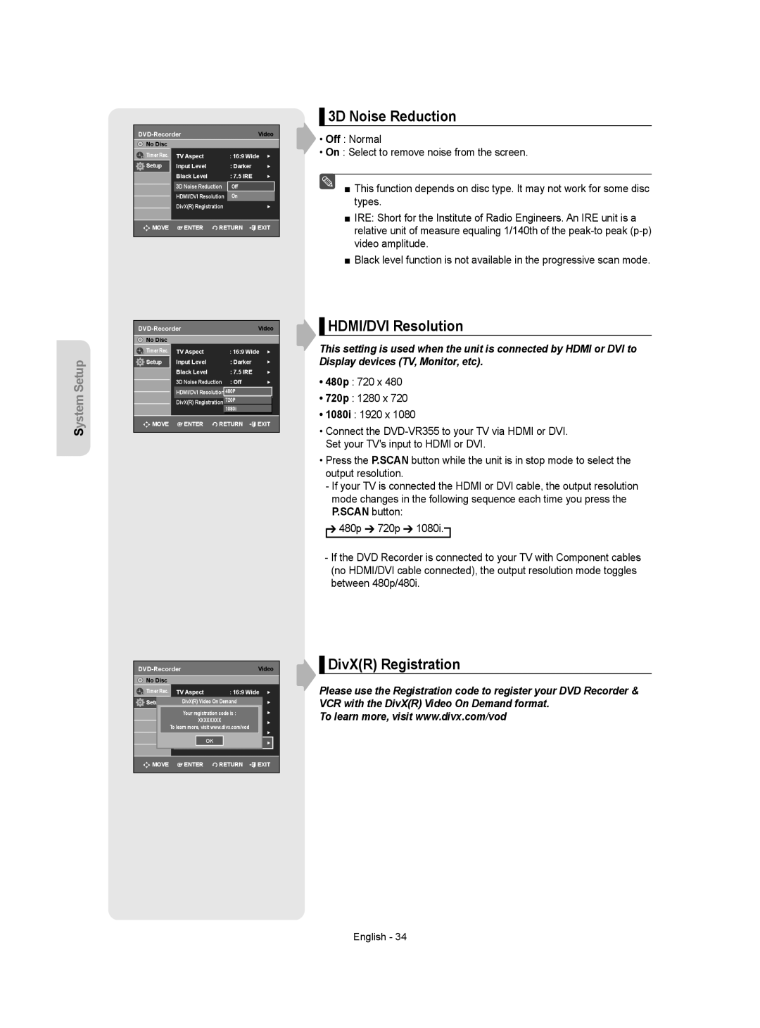 Samsung DVD-VR355 instruction manual 3D Noise Reduction, HDMI/DVI Resolution, DivXR Registration 