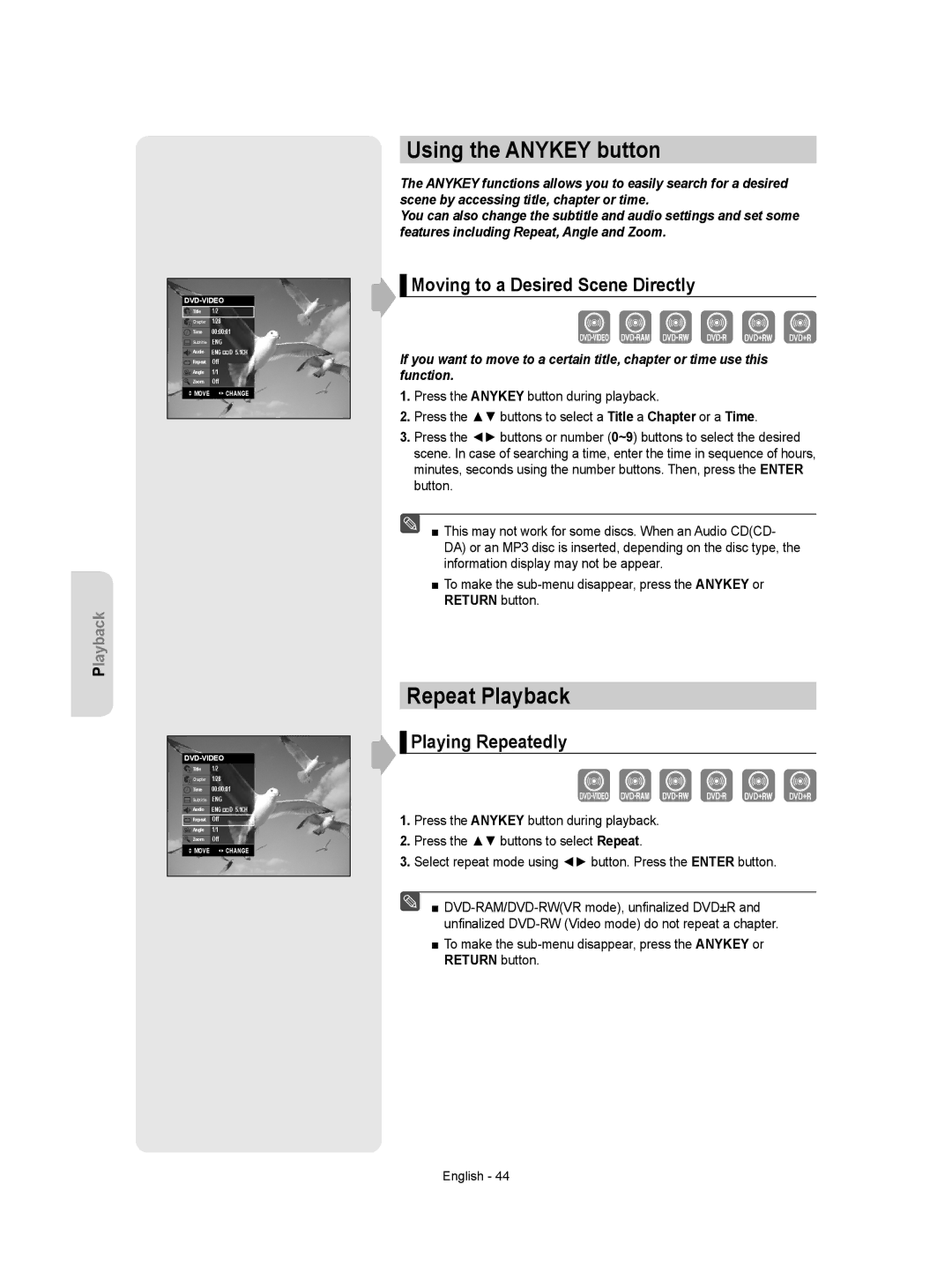 Samsung DVD-VR355 Using the Anykey button, Repeat Playback, Moving to a Desired Scene Directly, Playing Repeatedly 