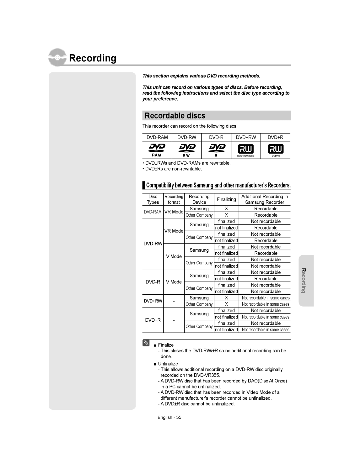 Samsung DVD-VR355 instruction manual Recording, Recordable discs, Dvd-Ram Dvd-Rw Dvd+Rw 