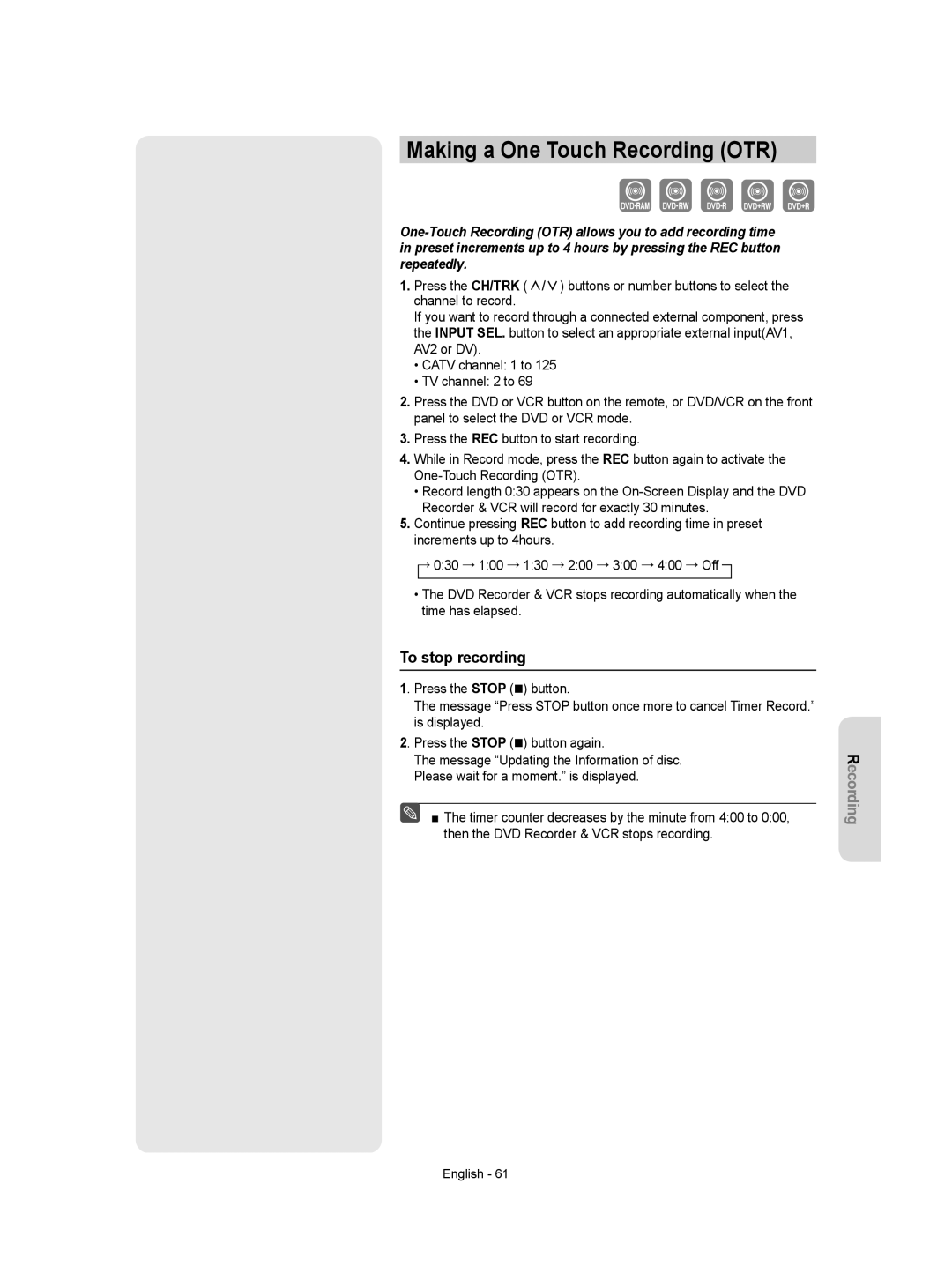 Samsung DVD-VR355 instruction manual Making a One Touch Recording OTR 