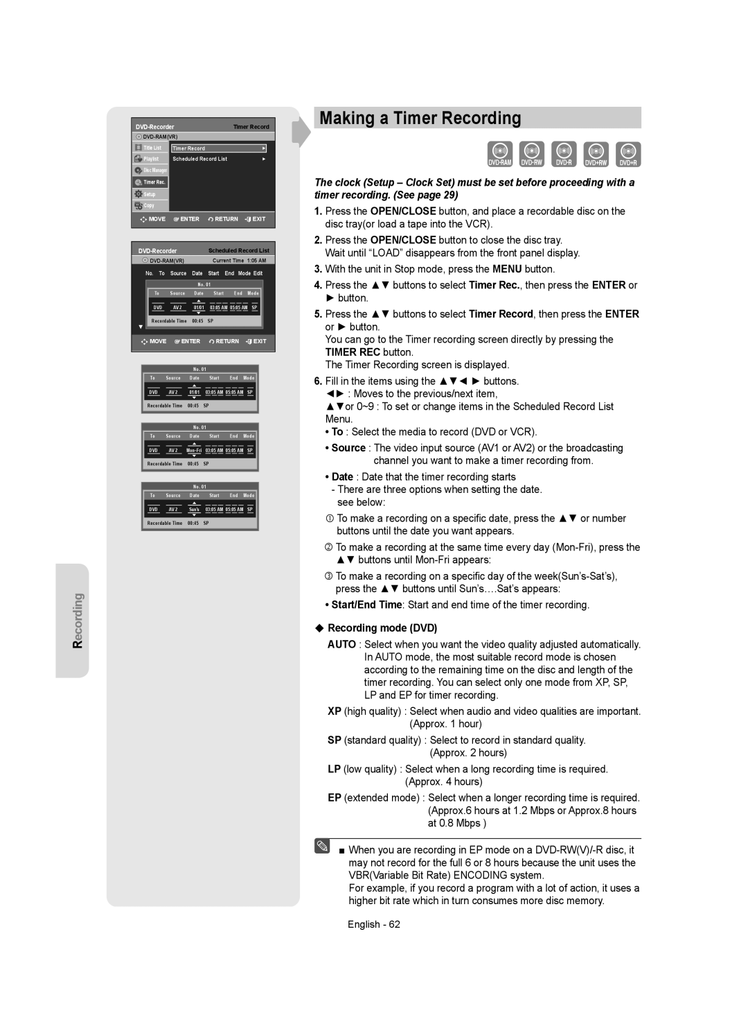 Samsung DVD-VR355 Making a Timer Recording, Start/End Time Start and end time of the timer recording, Recording mode DVD 