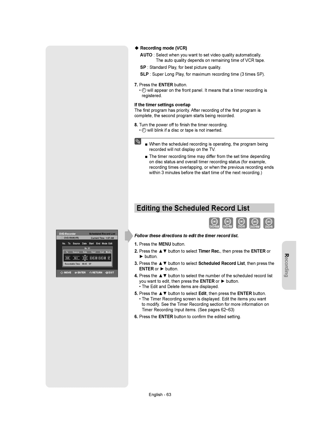 Samsung DVD-VR355 instruction manual Editing the Scheduled Record List, Recording mode VCR, If the timer settings overlap 