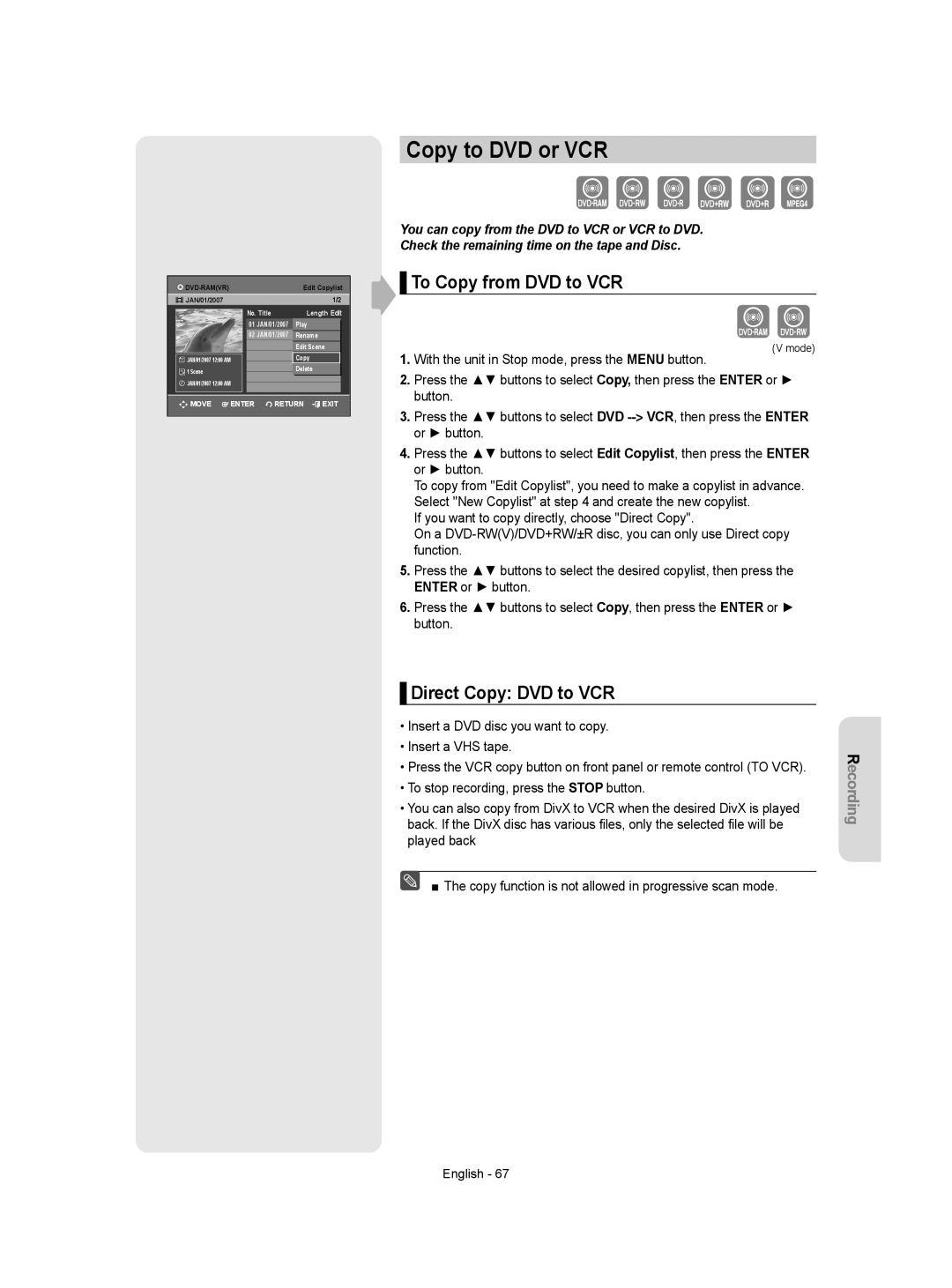 Samsung DVD-VR355 instruction manual Copy to DVD or VCR, To Copy from DVD to VCR, Direct Copy DVD to VCR 