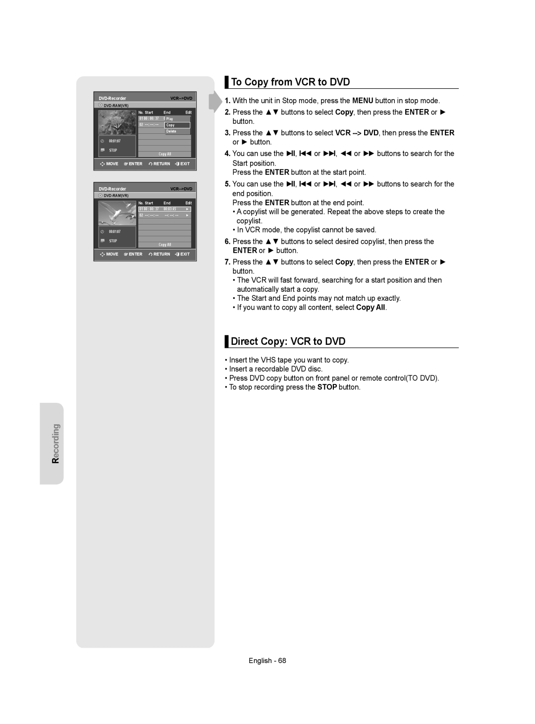 Samsung DVD-VR355 instruction manual To Copy from VCR to DVD, Direct Copy VCR to DVD 