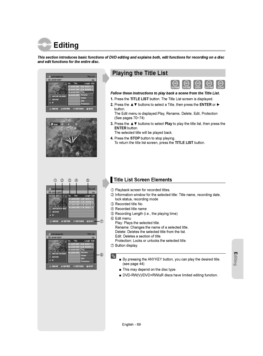 Samsung DVD-VR355 instruction manual Editing, Playing the Title List, Title List Screen Elements 