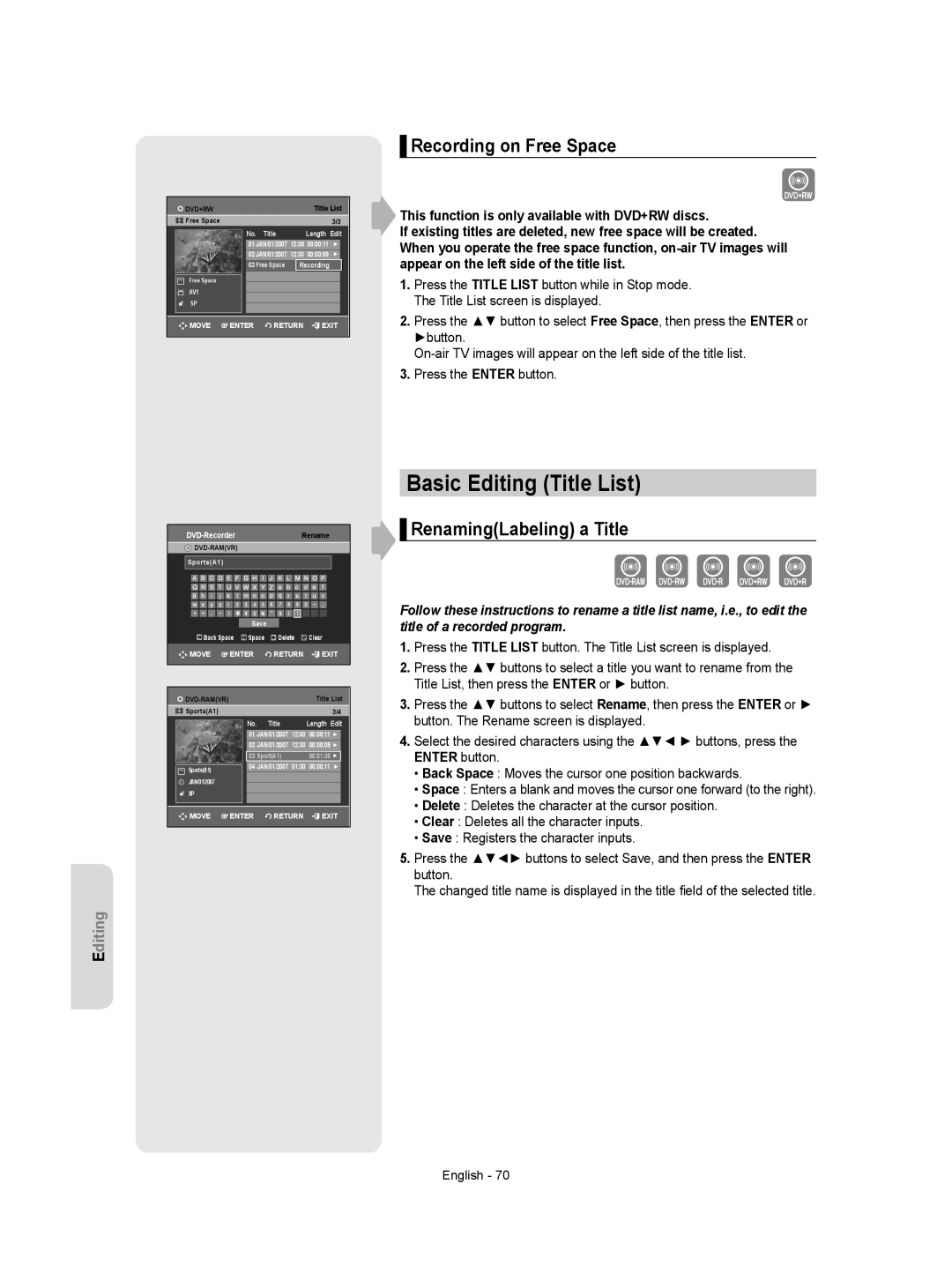 Samsung DVD-VR355 instruction manual Basic Editing Title List, Recording on Free Space, RenamingLabeling a Title 