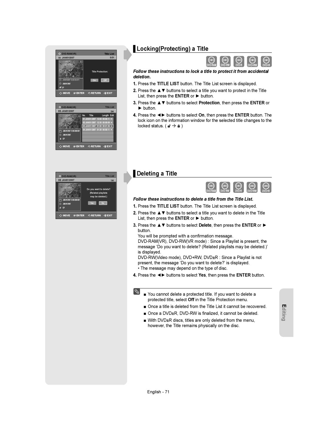 Samsung DVD-VR355 instruction manual LockingProtecting a Title, Deleting a Title, Locked status 