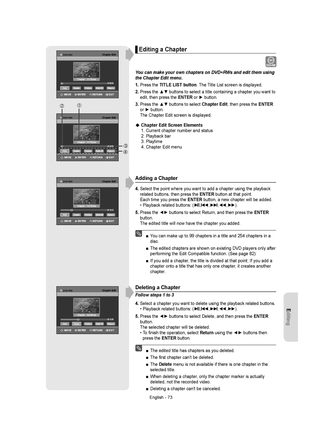 Samsung DVD-VR355 Editing a Chapter, Adding a Chapter, Deleting a Chapter, Chapter Edit Screen Elements, Follow steps 1 to 