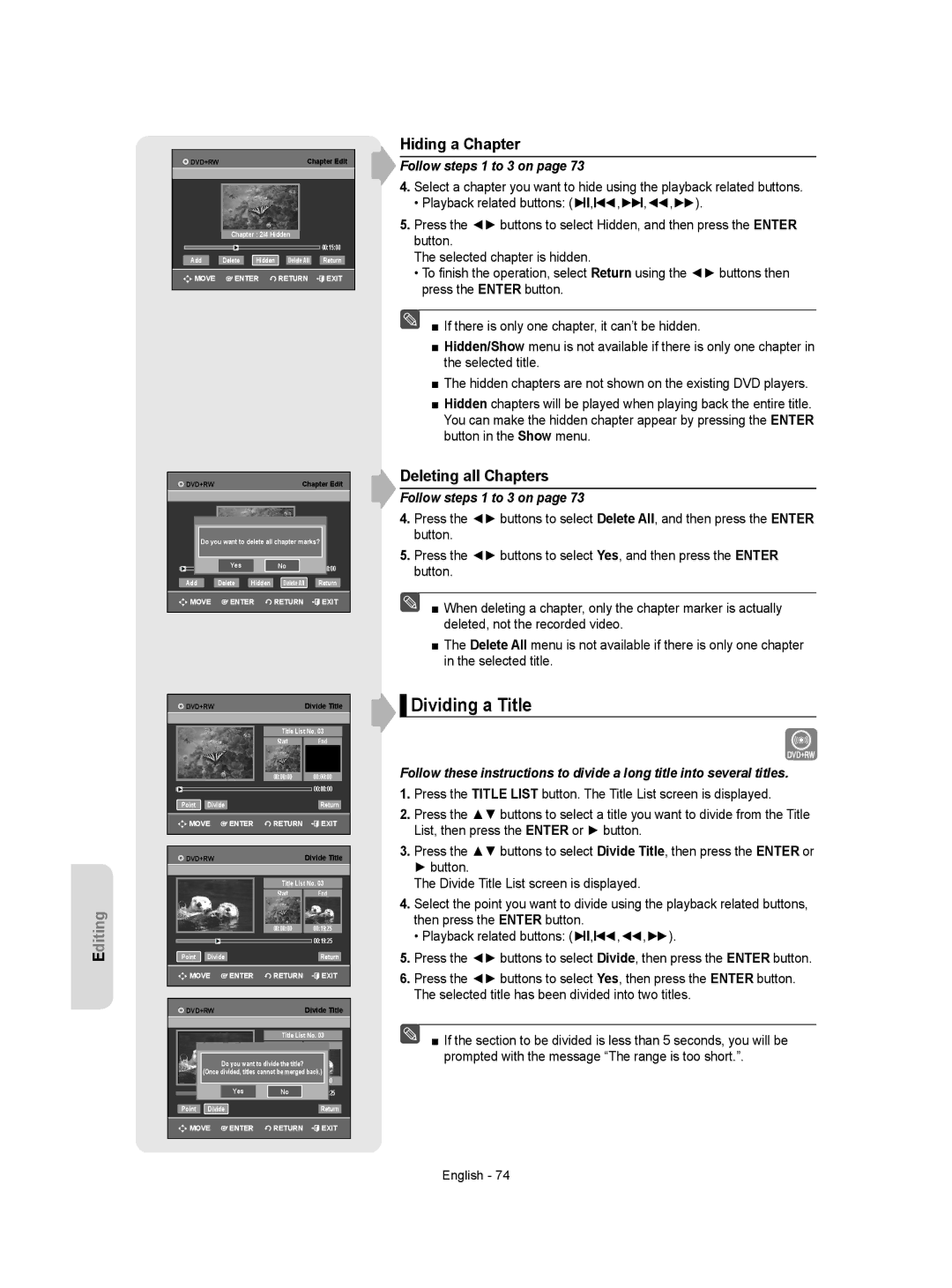 Samsung DVD-VR355 instruction manual Dividing a Title, Hiding a Chapter, Deleting all Chapters, Follow steps 1 to 3 on 