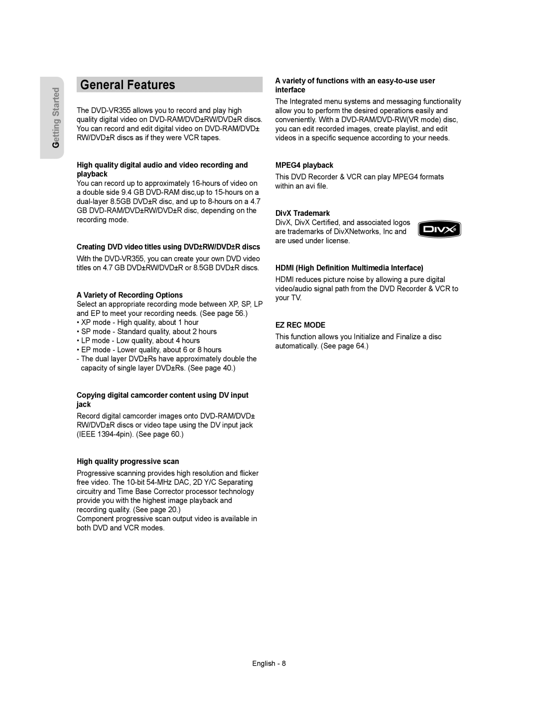 Samsung DVD-VR355 instruction manual General Features 