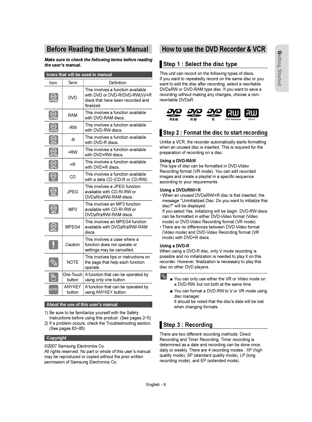 Samsung DVD-VR355 instruction manual Select the disc type, Recording, Using a DVD-RAM, Using a DVD±RW/+R 