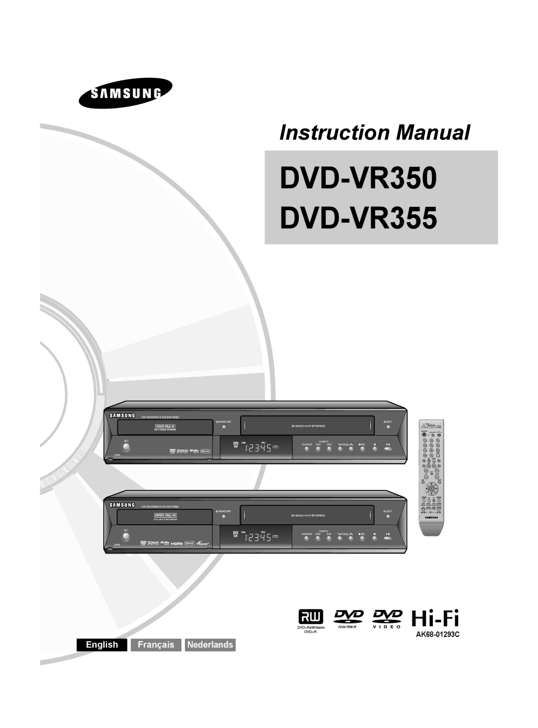 Samsung DVD-VR350/XEB, DVD-VR355/XEB, DVD-VR350/XEG manual DVD-VR350 DVD-VR355, AK68-01293C 