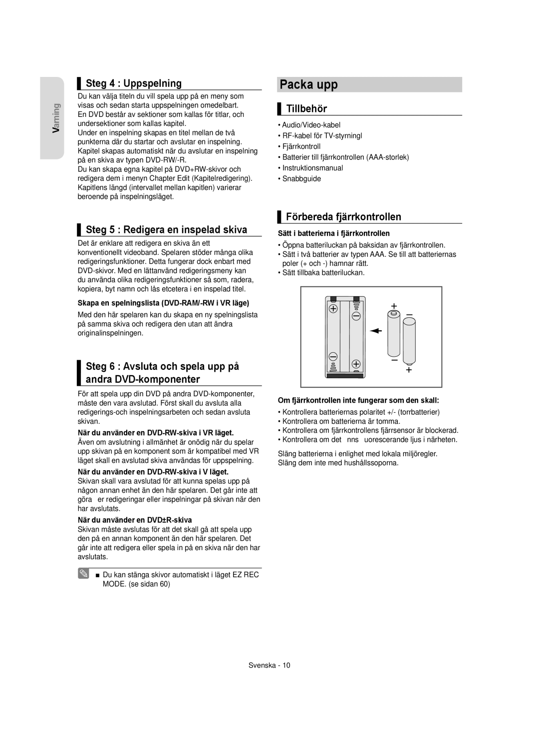 Samsung DVD-VR355/XEE, DVD-VR350/XEE manual Packa upp 