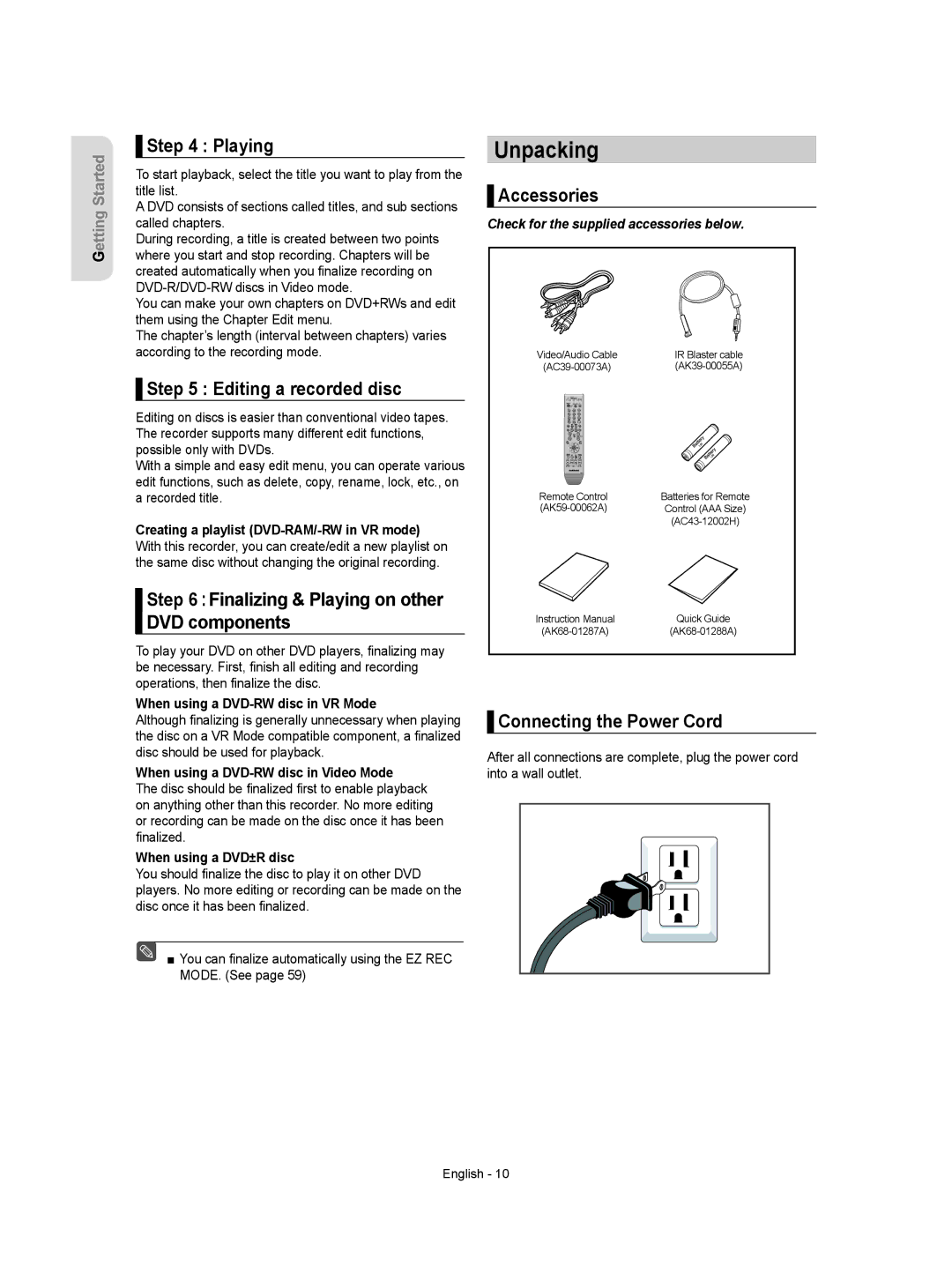 Samsung DVD-VR357 instruction manual Unpacking 