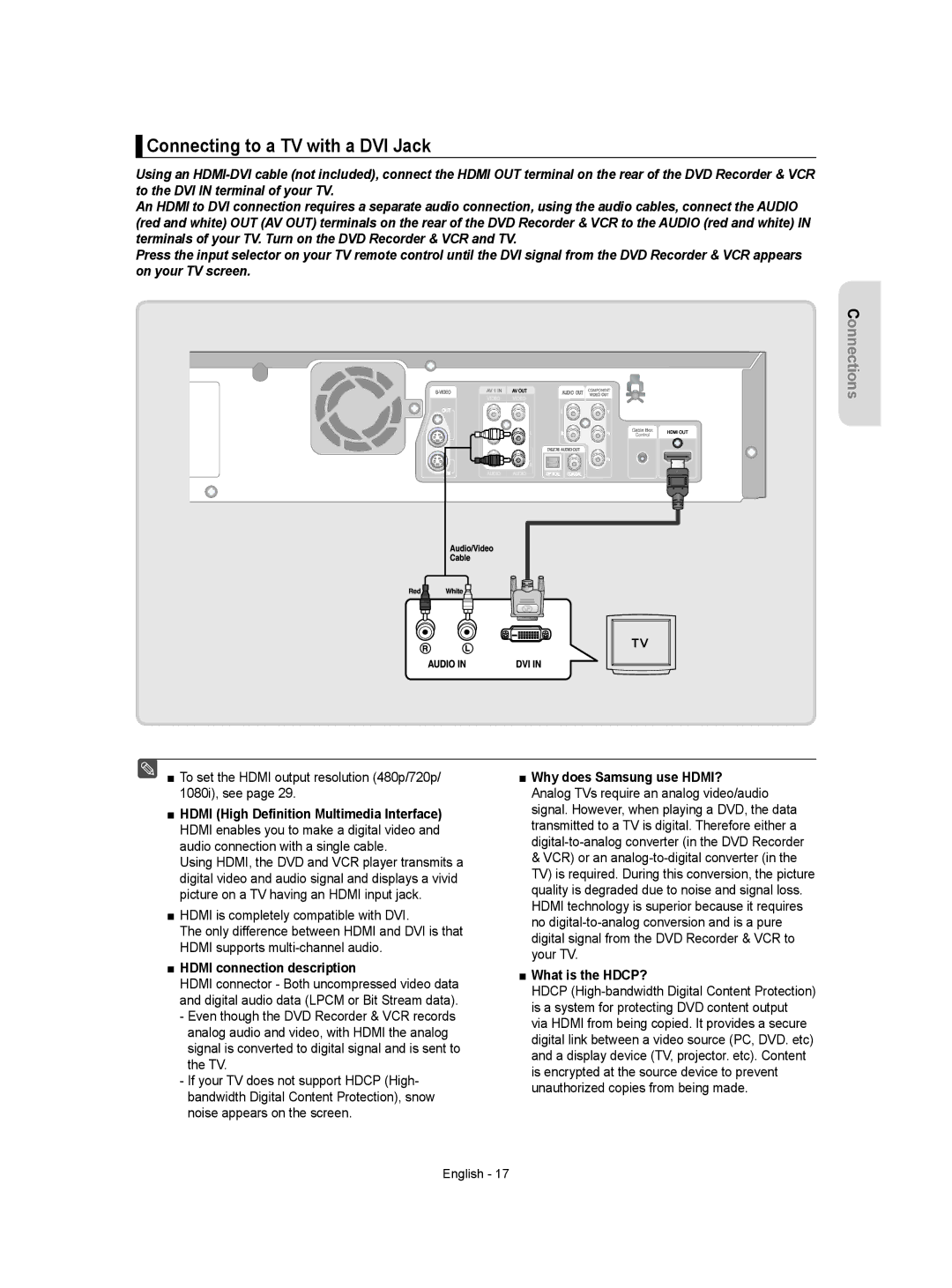 Samsung DVD-VR357 Connecting to a TV with a DVI Jack, To set the Hdmi output resolution 480p/720p/ 1080i, see 