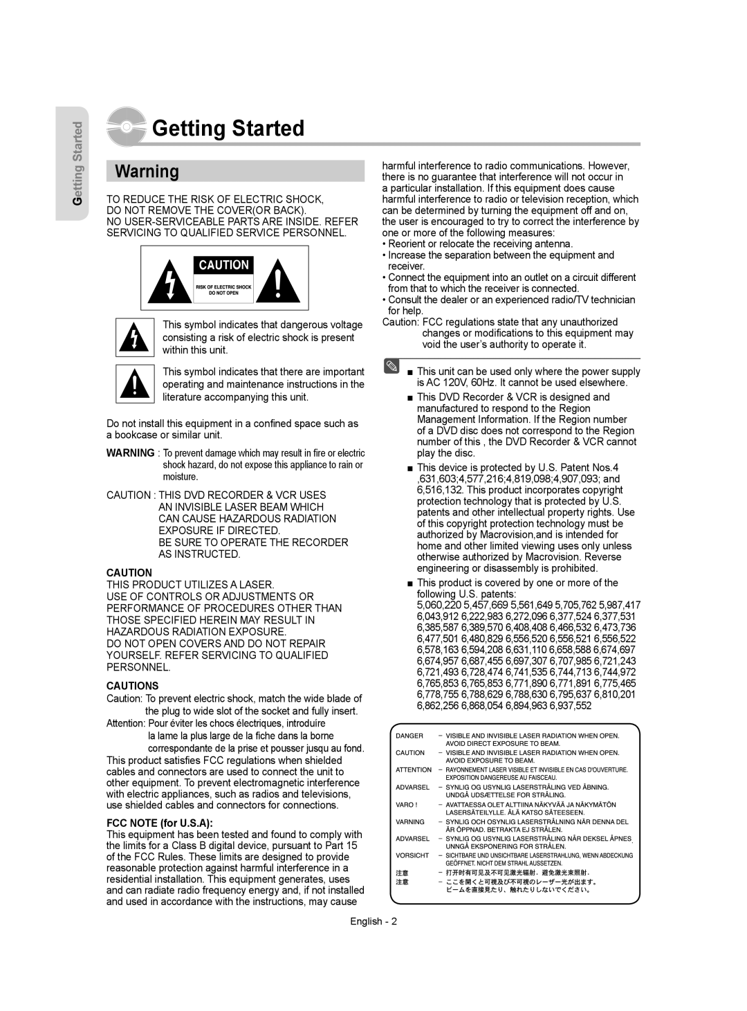 Samsung DVD-VR357 instruction manual Getting Started, FCC Note for U.S.A 