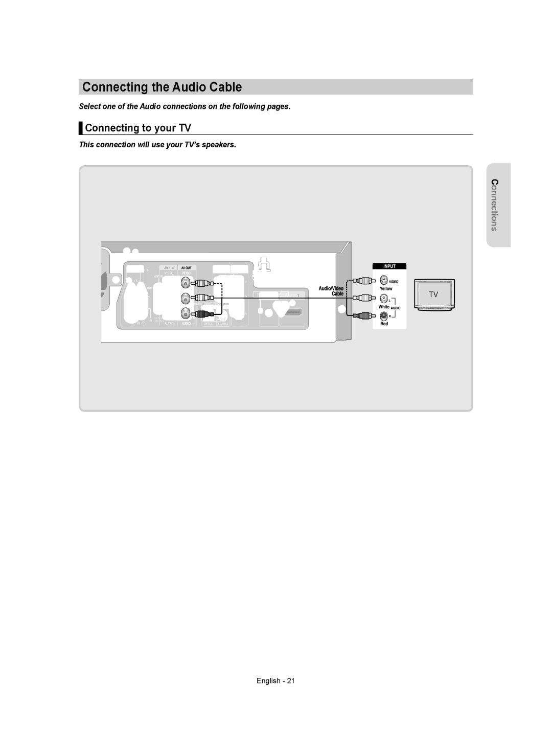 Samsung DVD-VR357 Connecting the Audio Cable, Connecting to your TV, This connection will use your TV’s speakers 