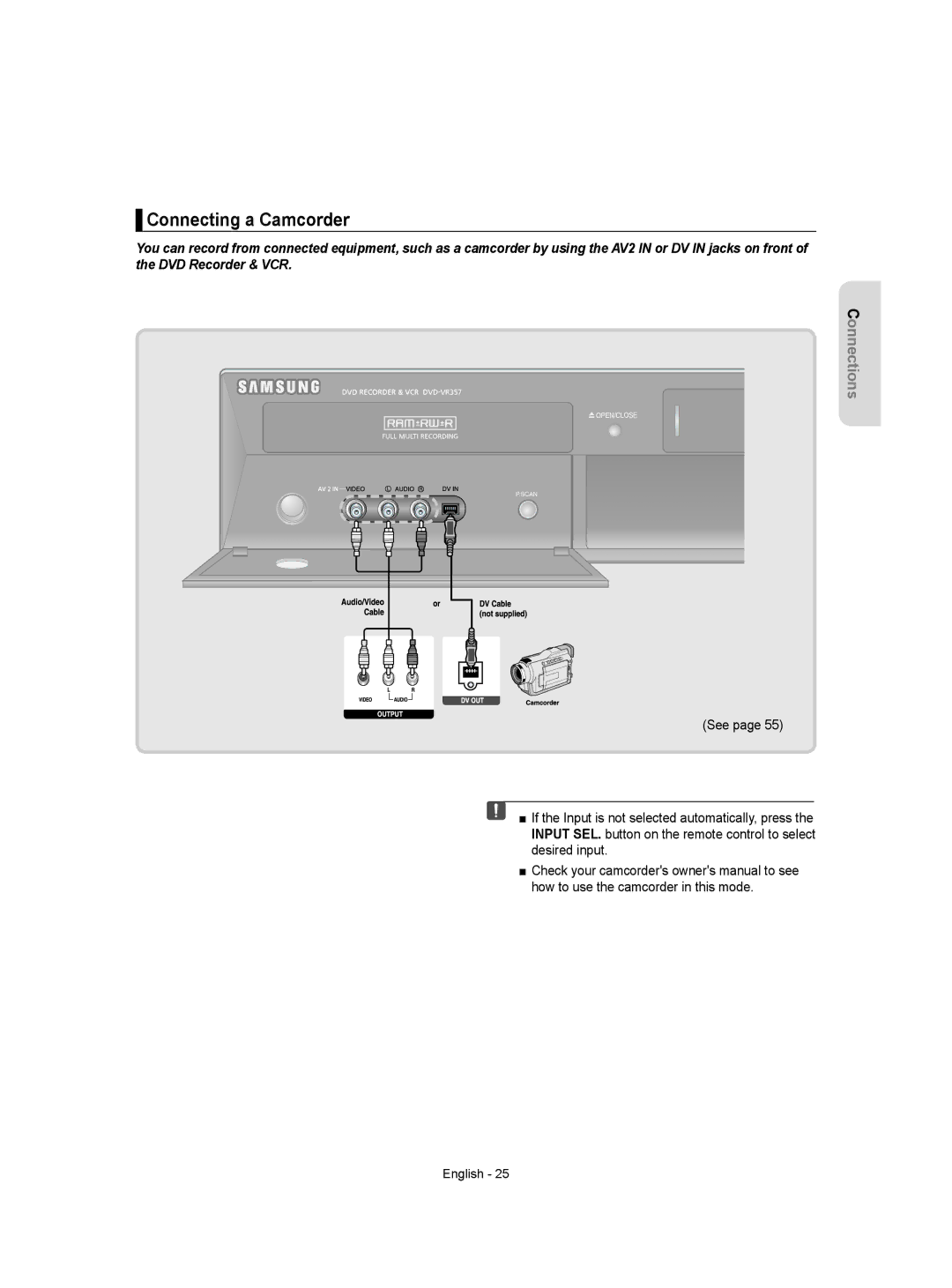 Samsung DVD-VR357 instruction manual Connecting a Camcorder 