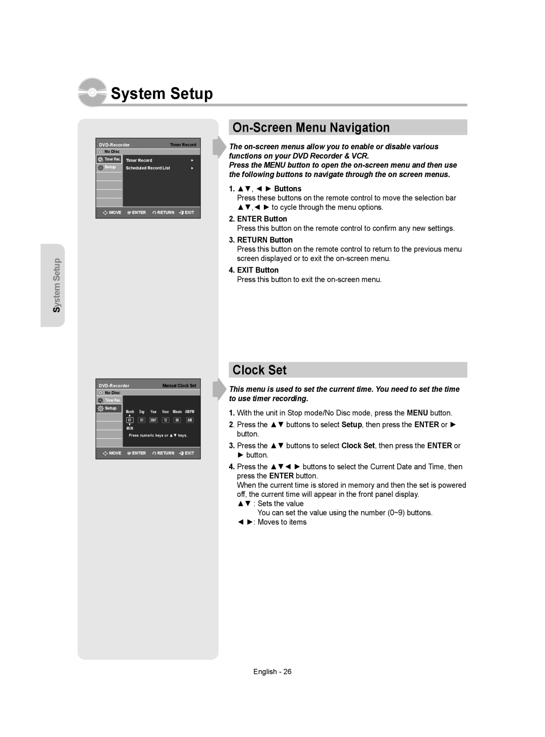 Samsung DVD-VR357 On-Screen Menu Navigation, Clock Set, Enter Button, Press this button to exit the on-screen menu 