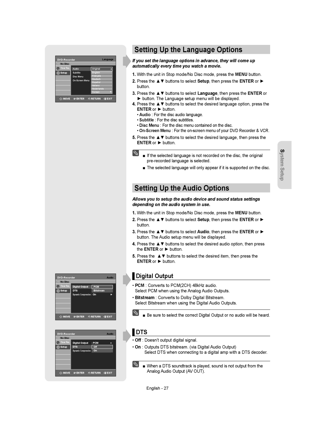 Samsung DVD-VR357 instruction manual Setting Up the Language Options, Setting Up the Audio Options, Digital Output 