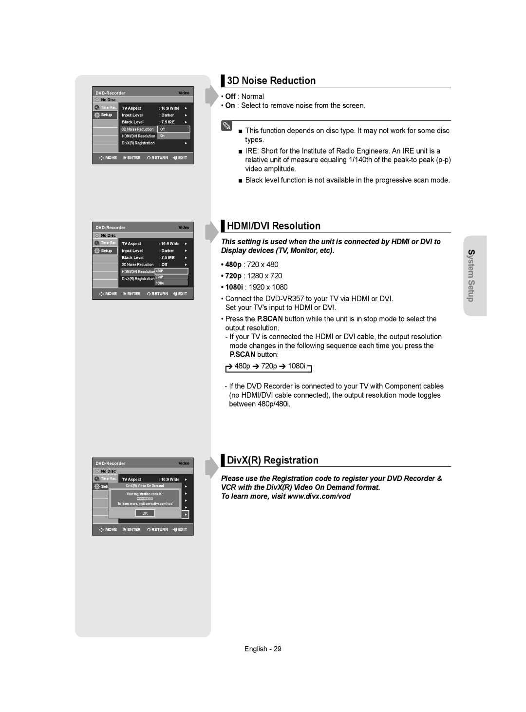 Samsung DVD-VR357 instruction manual 3D Noise Reduction, HDMI/DVI Resolution, DivXR Registration, Scan button 