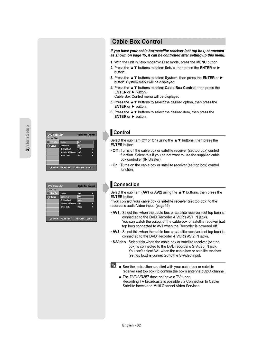 Samsung DVD-VR357 instruction manual Cable Box Control, Connection 